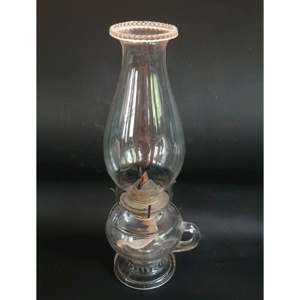 Antique Clear Hurricane Lamp Ribbed Base 13.5" Tall
